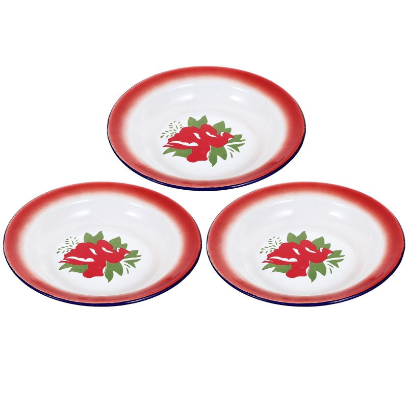 Veemoon 3 Piece Vintage Enamel Plates 20cm Round Retro Floral Snack Dishes - Image 2