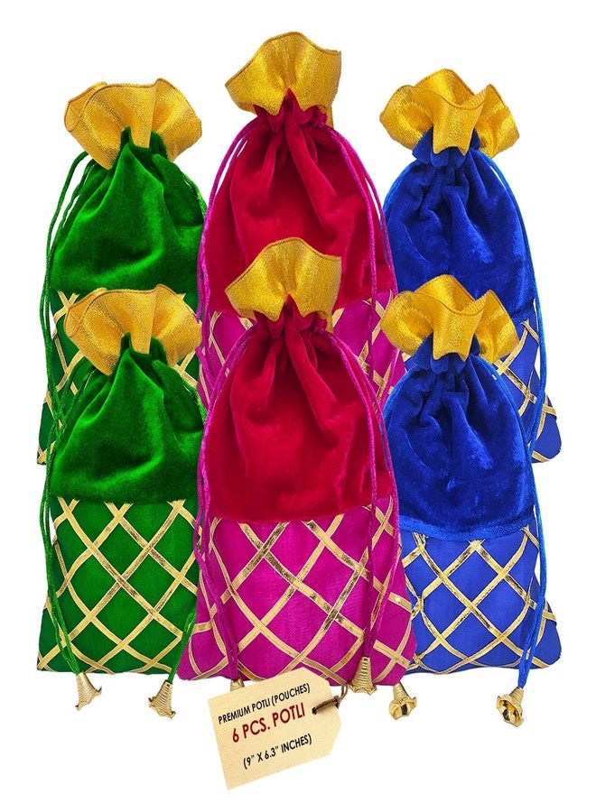 Satvik Valvet Big Size Designer Potli, Dry Fruit Diwali Gift Packaging Bag Handmade Premium Fabric With Random Design Indian Housewarming Return Gift Items Bulk (SET OF 6) - Image 1