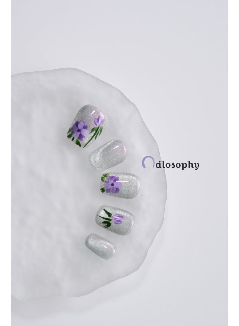 Nailosophy Violet Bloom Press-On Nails | Iridescent Silver Base with Hand-Painted Purple Florals - Image 1