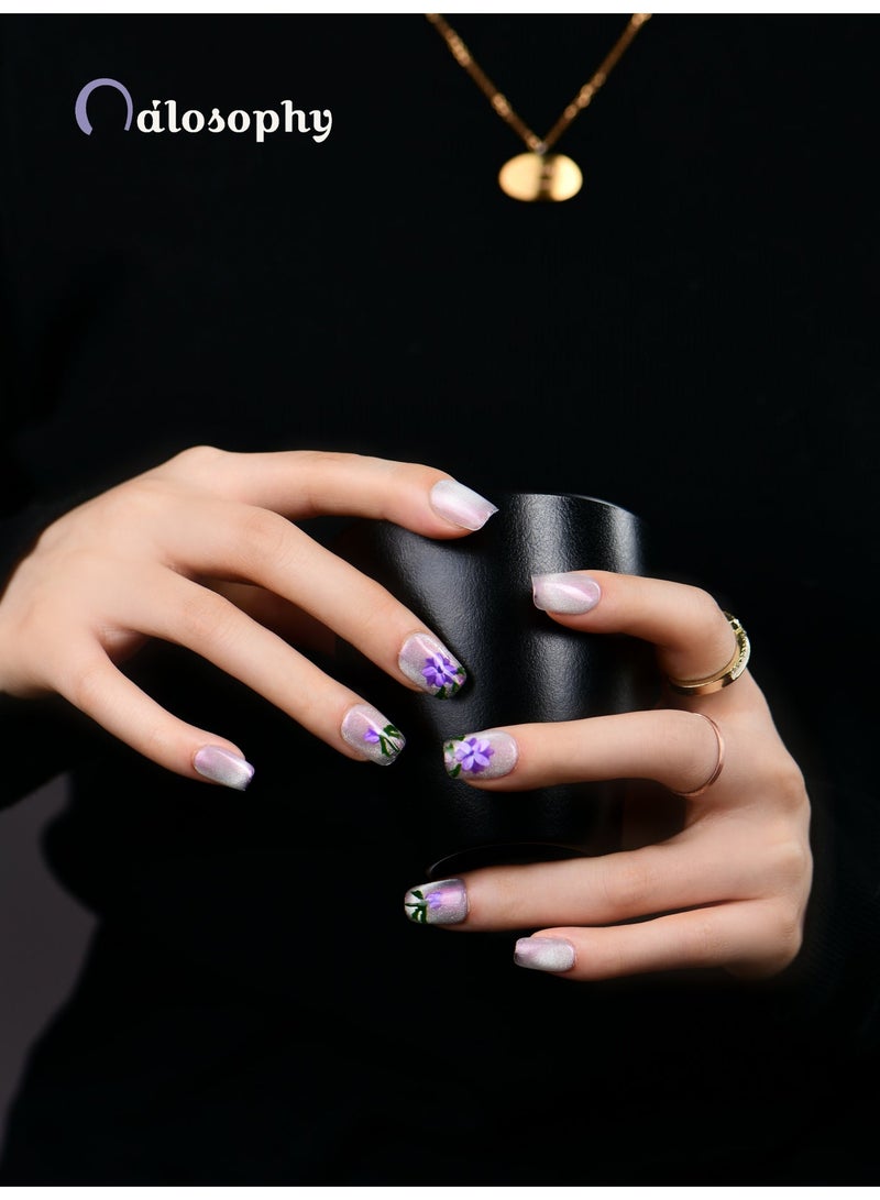 Nailosophy Violet Bloom Press-On Nails | Iridescent Silver Base with Hand-Painted Purple Florals - Image 4