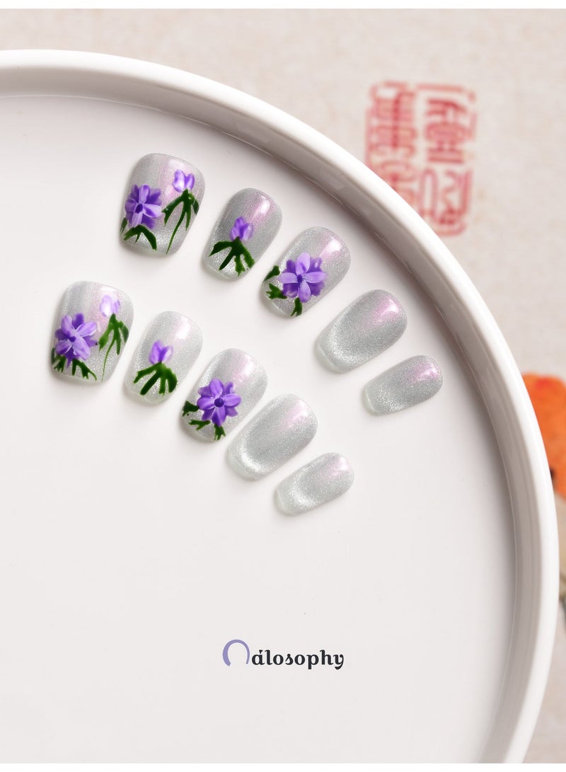 Nailosophy Violet Bloom Press-On Nails | Iridescent Silver Base with Hand-Painted Purple Florals - Image 2