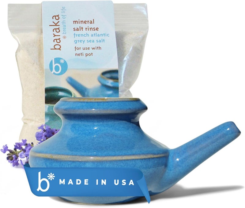 Baraka Neti Pot Tool Kit - Snoring & Saline Solution, Handcrafted Ceramic Dishwasher Safe with 2oz Mineral Sea Salt for Nose Cleaning & Sinus Rinse Perfect for Allergy Relief in Adults & Kids (Blue)
