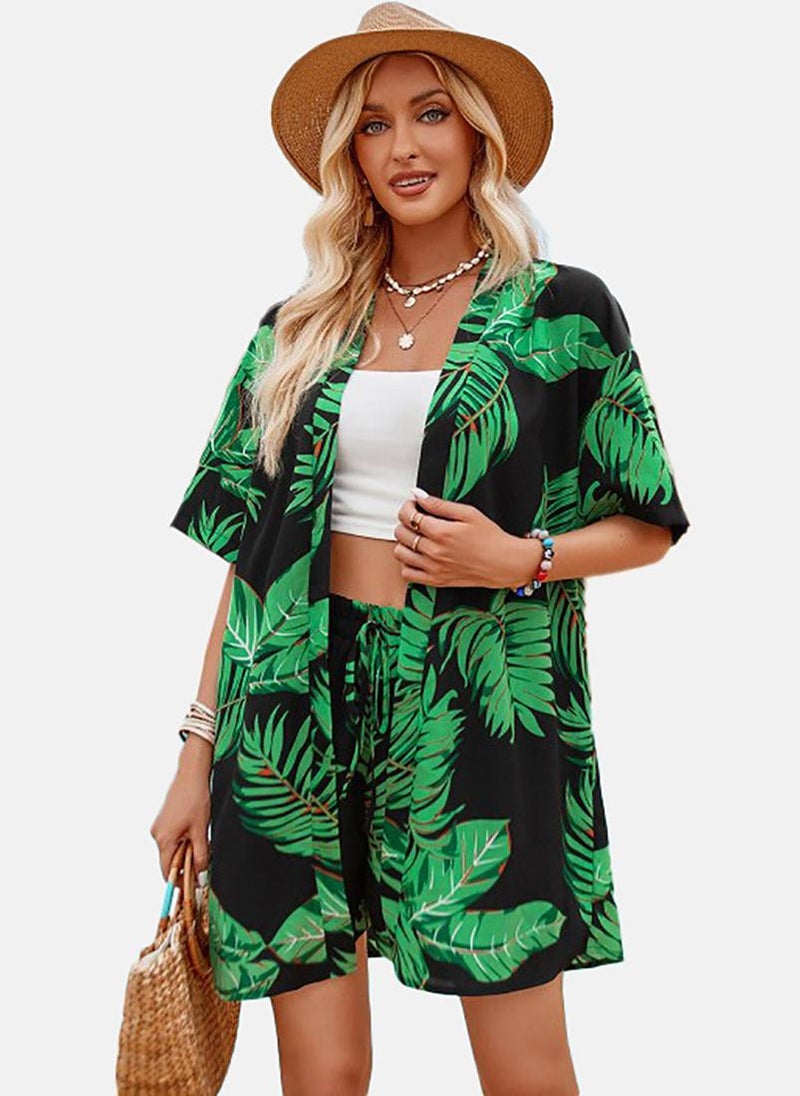 YUNIQEE Black & Green Tropical Printed Shrug With Shorts - Image 2
