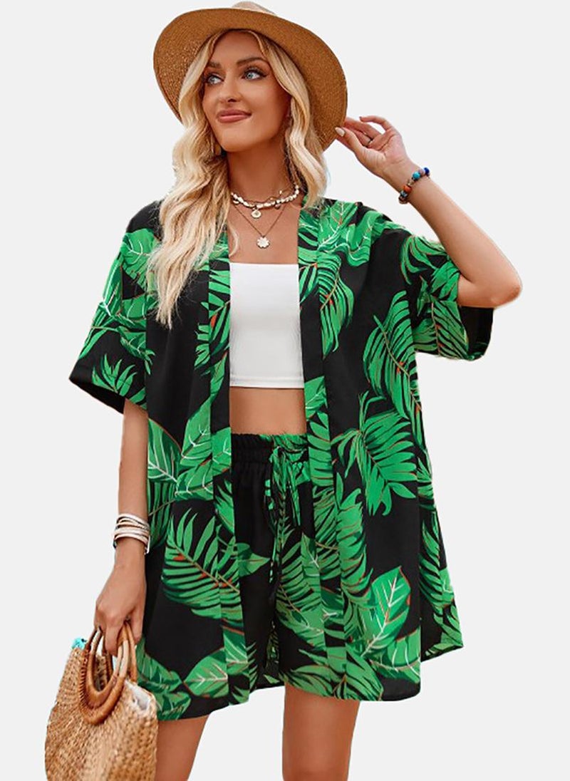 YUNIQEE Black & Green Tropical Printed Shrug With Shorts - Image 1