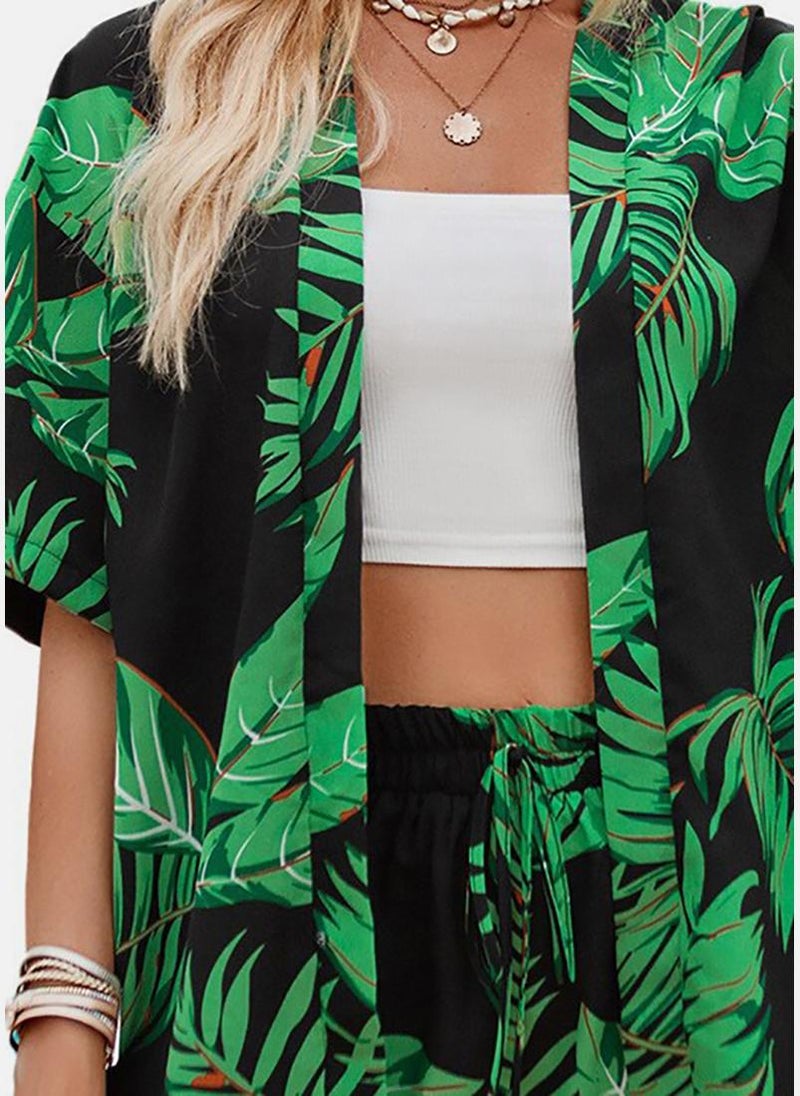 YUNIQEE Black & Green Tropical Printed Shrug With Shorts - Image 3
