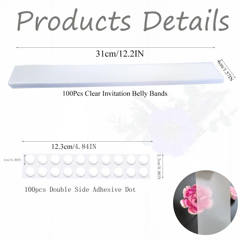 LAIFOOSHEN 100Pcs Clear Invitation Belly Bands for 5x7 Invitations with 100Pcs Adhesive Dot. Vellum Paper Bands for Party Envelopes soap Packaging, Decorative Wraps Paper Strips Wedding Invitations Accessories - Image 2