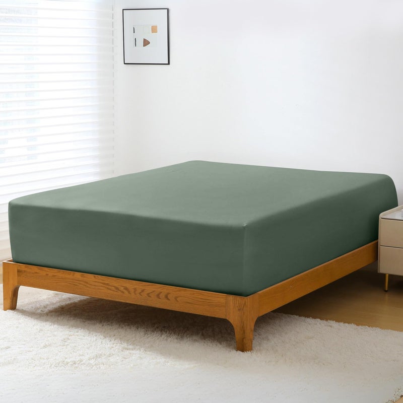 GOKOTTA Fitted Sheet Only - 16 Inch Pocket Bamboo Rayon Fitted Sheet  Super Soft and Cooling Bottom Sheet with 4 Elastic Corner Straps(Green  King Size) - Image 1