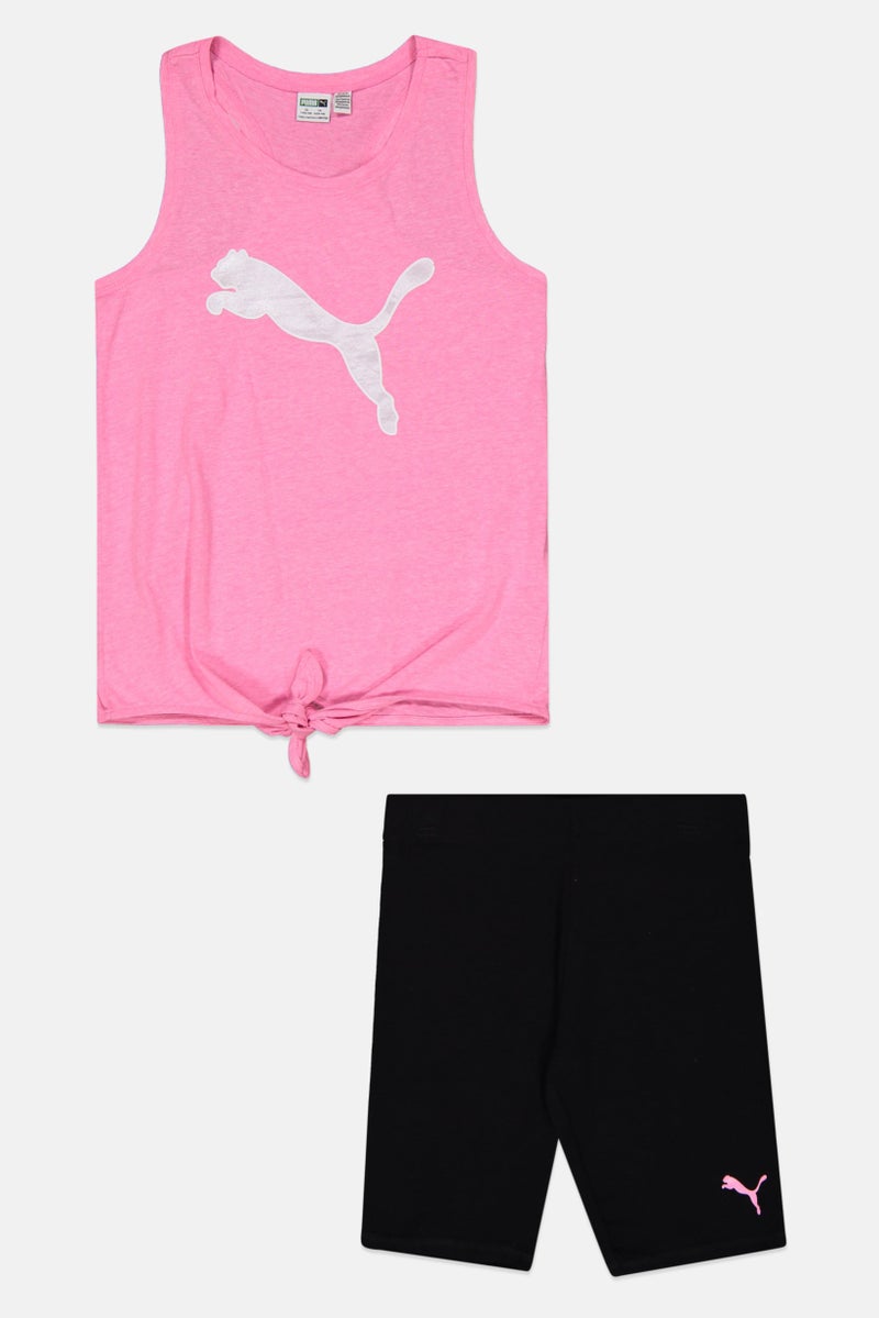 PUMA Kids Girl 2 Piece Sleeveless Tank And Shorts Set, Pink/Black - Image 1