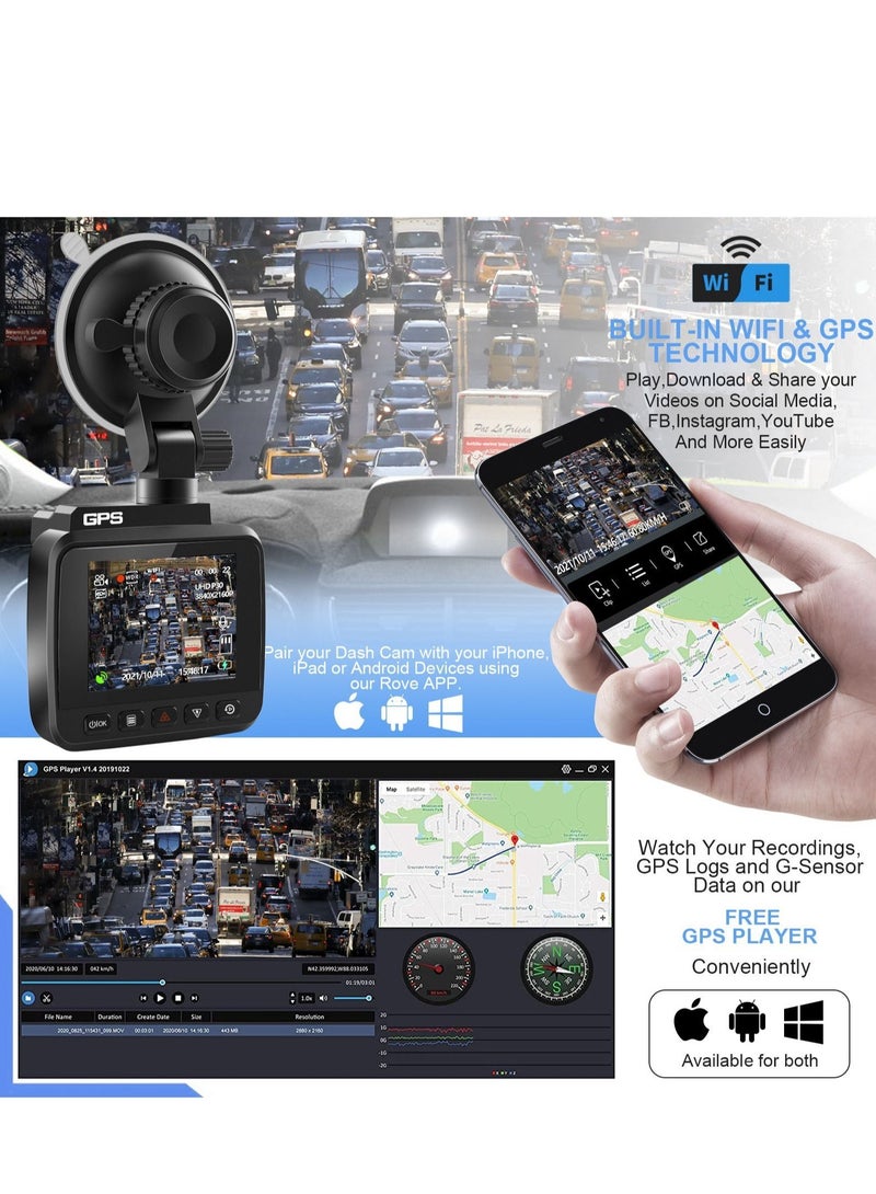 Generic V53 4K Dash Cam Equipped with WiFi and GPS - Top Car Dashboard Camera Recorder, UHD 2160P Resolution, 2.4" LCD Screen, 150-Degree Wide Angle Lens, WDR, Night Vision Features - Image 4