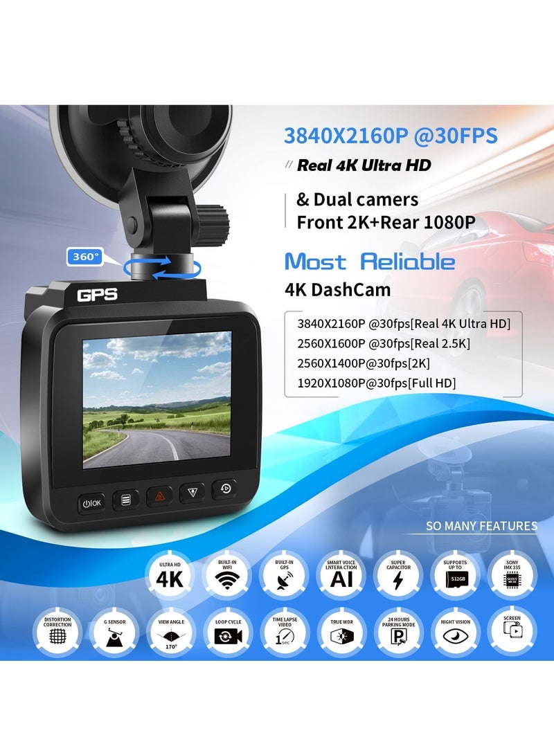 Generic V53 4K Dash Cam Equipped with WiFi and GPS - Top Car Dashboard Camera Recorder, UHD 2160P Resolution, 2.4" LCD Screen, 150-Degree Wide Angle Lens, WDR, Night Vision Features - Image 3