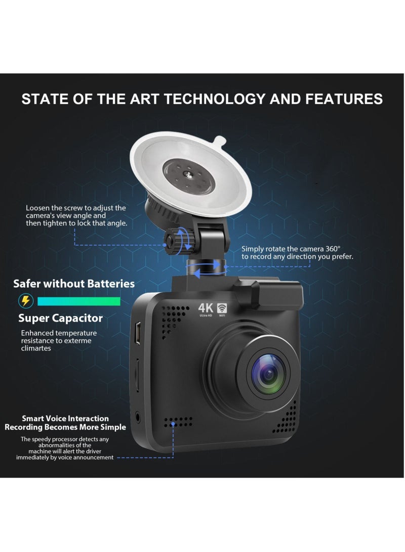 Generic V53 4K Dash Cam Equipped with WiFi and GPS - Top Car Dashboard Camera Recorder, UHD 2160P Resolution, 2.4" LCD Screen, 150-Degree Wide Angle Lens, WDR, Night Vision Features - Image 2