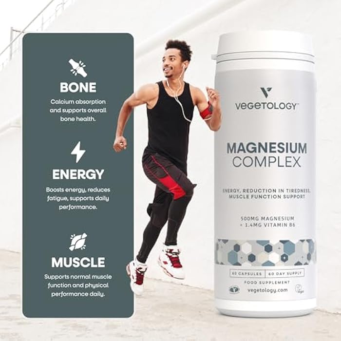 Vegetology Magnesium Supplements with Vitamin B6, 3-in-1 Complex, 60 Vegan Capsules, High Strength, Supports Energy, Muscle Function, and Overall Wellness, Age 11+ - Image 2