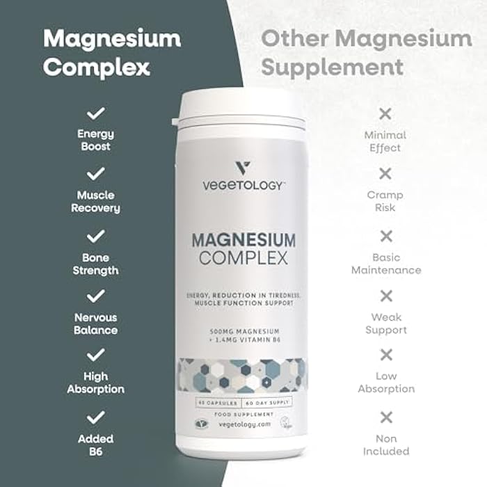 Vegetology Magnesium Supplements with Vitamin B6, 3-in-1 Complex, 60 Vegan Capsules, High Strength, Supports Energy, Muscle Function, and Overall Wellness, Age 11+ - Image 3
