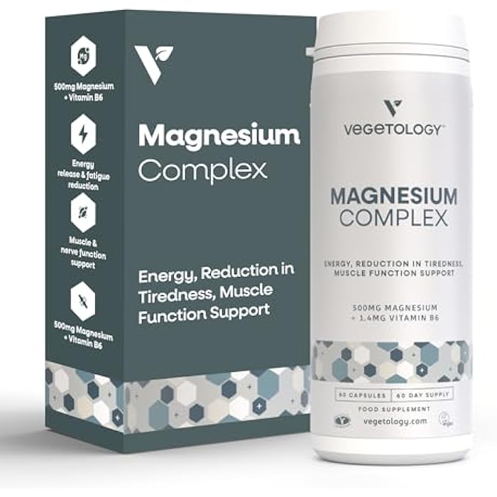 Vegetology Magnesium Supplements with Vitamin B6, 3-in-1 Complex, 60 Vegan Capsules, High Strength, Supports Energy, Muscle Function, and Overall Wellness, Age 11+ - Image 1