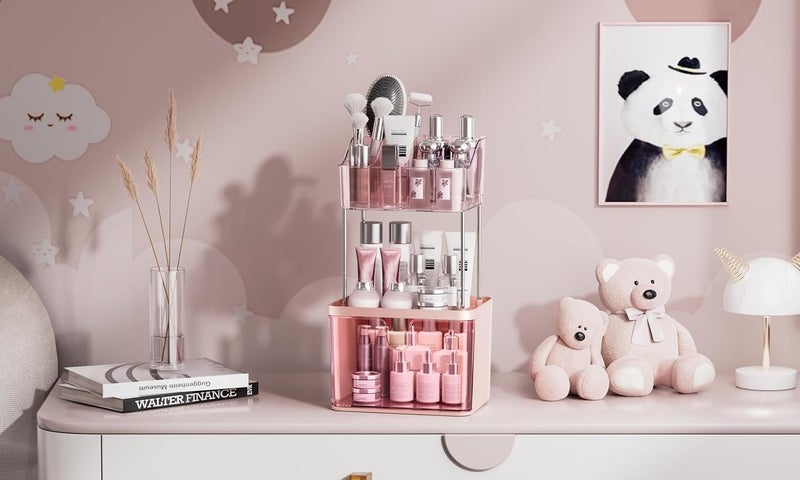 Dravina 3-Tier Makeup Organizer Storage Box | Vanity Tray for Cosmetics, Skincare Organizers, Stationery & Countertop Storage | Bathroom & Dressing Table Organizer, Ideal Gift for Women, Pink,35cm - Image 1