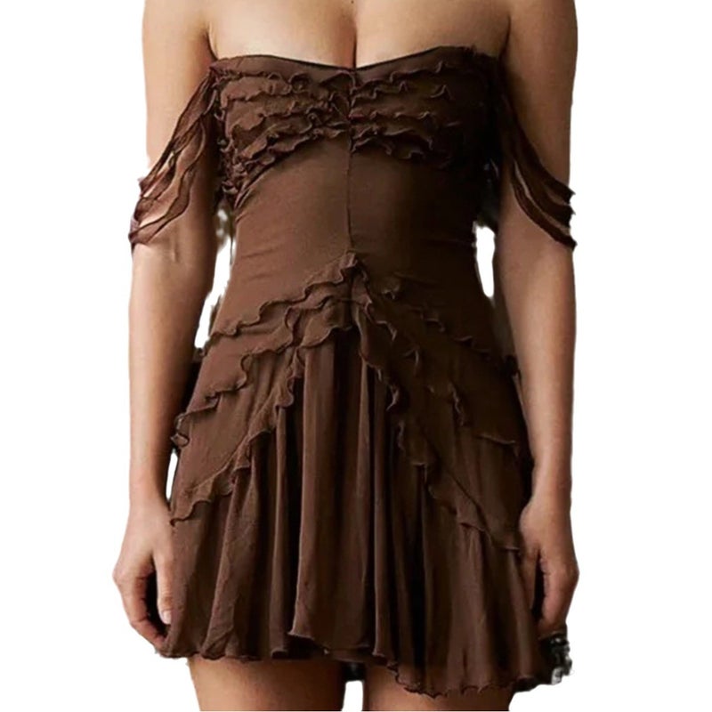 European and American Womens Clothing Ins Gauze Slim-fit dress Short Dress Spice Girls Sling Tube Top Holiday Style dress Summer Dark brown - Image 2