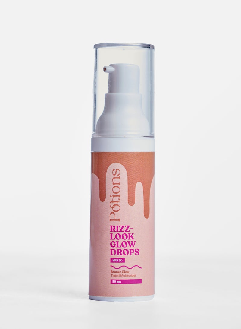 Potions Rizz-Look Glow Drops SPF 30 – Tinted Moisturizer with Bronze Glow, Niacinamide & Hydrating Oils – Light Coverage, UV Protection & Dewy Finish – 50g - Image 1