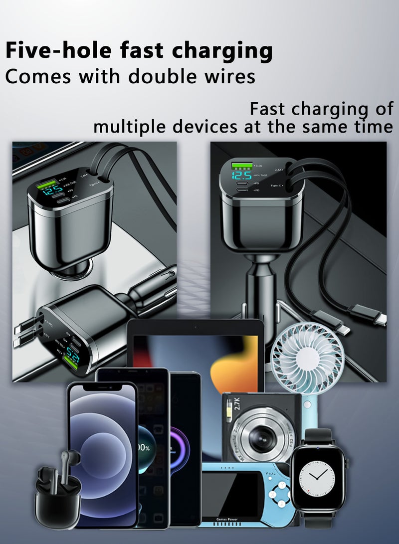 شاحن سيارة PD 5 منافذ بقدرة 66 واط مع كابلات مزدوجة قابلة للسحب (Type-C و iPhone) - تصميم زاوية قابل للتعديل وشاشة جهد LED ذكية وتوافق عالمي - Image 5