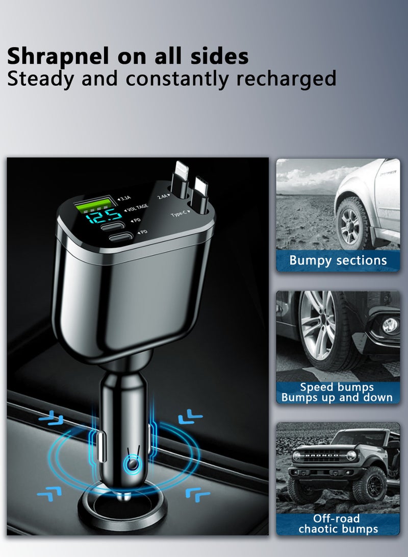 شاحن سيارة PD 5 منافذ بقدرة 66 واط مع كابلات مزدوجة قابلة للسحب (Type-C و iPhone) - تصميم زاوية قابل للتعديل وشاشة جهد LED ذكية وتوافق عالمي - Image 3