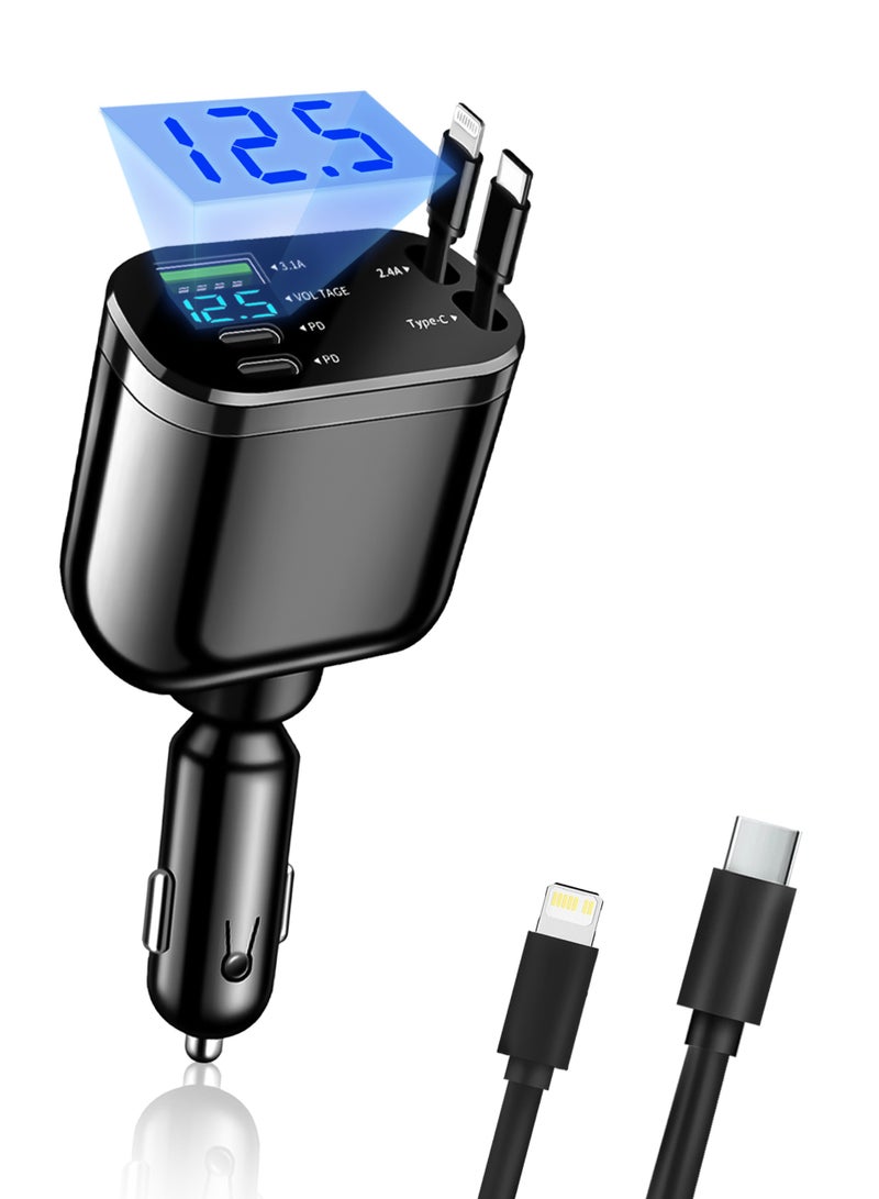 شاحن سيارة PD 5 منافذ بقدرة 66 واط مع كابلات مزدوجة قابلة للسحب (Type-C و iPhone) - تصميم زاوية قابل للتعديل وشاشة جهد LED ذكية وتوافق عالمي - Image 1