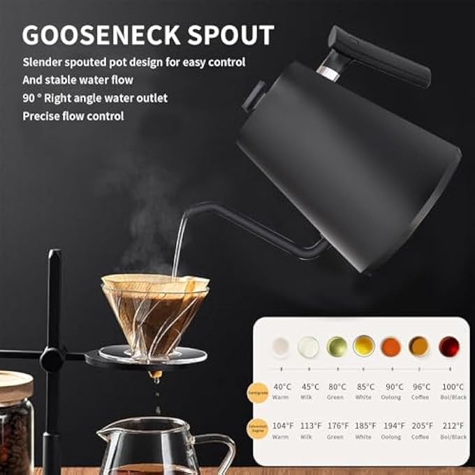 Pomefar Electric Kettle Tea  Coffee Kettle With Temperature Control Stainless Steel Gooseneck Kettle 1200W Rapid Heating Auto ShutOff Matte Black - Image 3