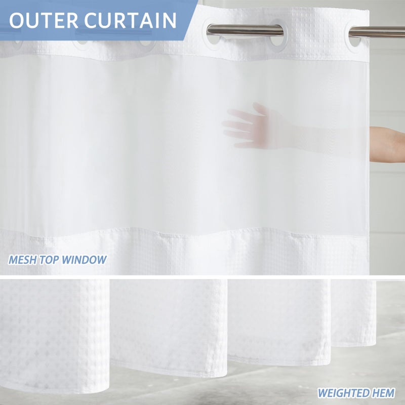 Furlinic Extra Long Waffle Weave No Hook Shower Curtain with Snap in Liner,Heavy Duty Textured Fabric Bathroom Curtains,Hotel Style with Mesh Top Window,Waterproof & Machine Washable,White,71x96. - Image 2
