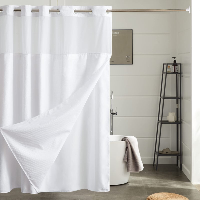 Furlinic Extra Long Waffle Weave No Hook Shower Curtain with Snap in Liner,Heavy Duty Textured Fabric Bathroom Curtains,Hotel Style with Mesh Top Window,Waterproof & Machine Washable,White,71x96. - Image 1