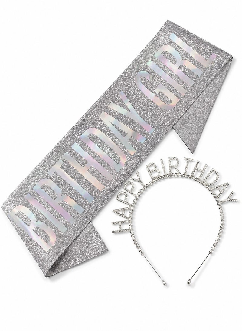 Birthday Girl Sash & Tiara Crown Set 2Pcs | Silver Glitter Holographic Sash & Happy Birthday Rhinestone Headband Crown | Women Girls Party Accessories Decoration - Image 1