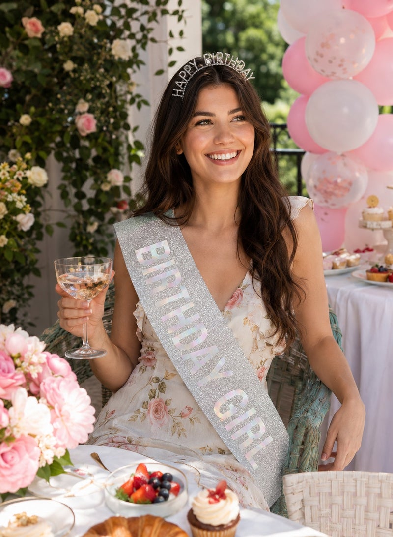 Birthday Girl Sash & Tiara Crown Set 2Pcs | Silver Glitter Holographic Sash & Happy Birthday Rhinestone Headband Crown | Women Girls Party Accessories Decoration - Image 2