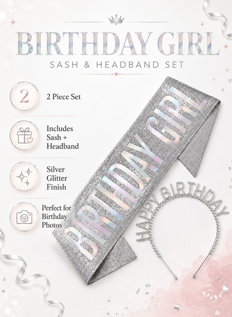 Birthday Girl Sash & Tiara Crown Set 2Pcs | Silver Glitter Holographic Sash & Happy Birthday Rhinestone Headband Crown | Women Girls Party Accessories Decoration - Image 4