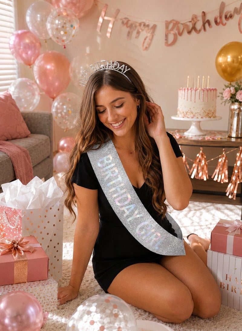 Birthday Girl Sash & Tiara Crown Set 2Pcs | Silver Glitter Holographic Sash & Happy Birthday Rhinestone Headband Crown | Women Girls Party Accessories Decoration - Image 5