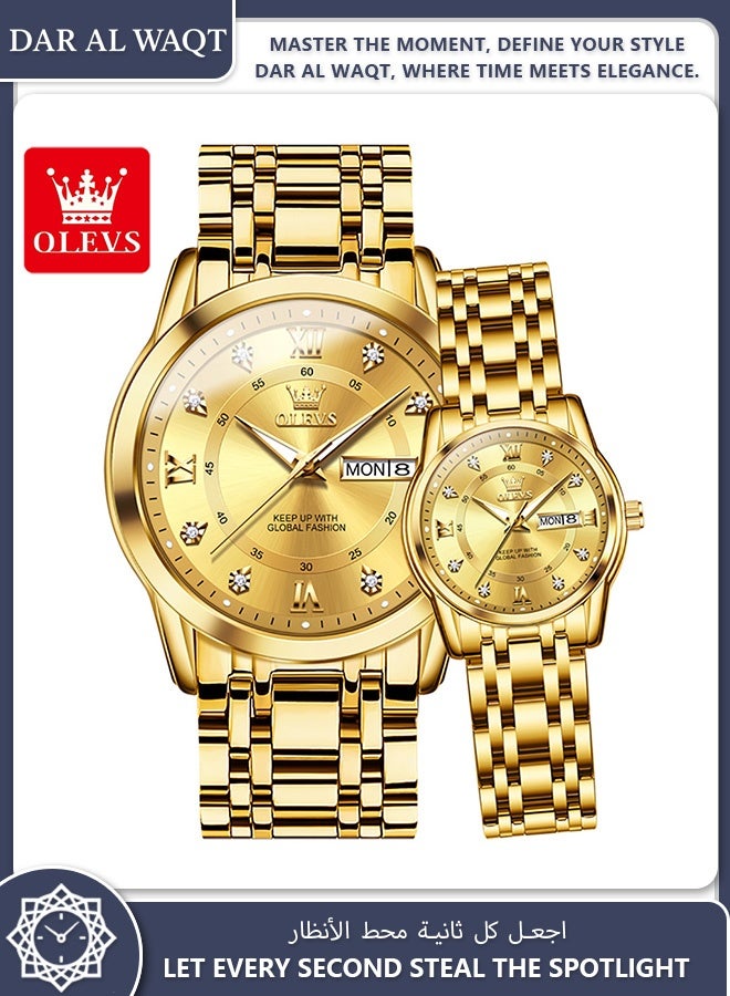 أوليفز ساعة OLEVS العملية للزوجين كوارتز سوار فولاذي ذهبي مضيء مقاوم للماء تقويم مزدوج - Image 1