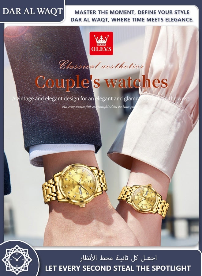 أوليفز ساعة OLEVS العملية للزوجين كوارتز سوار فولاذي ذهبي مضيء مقاوم للماء تقويم مزدوج - Image 2