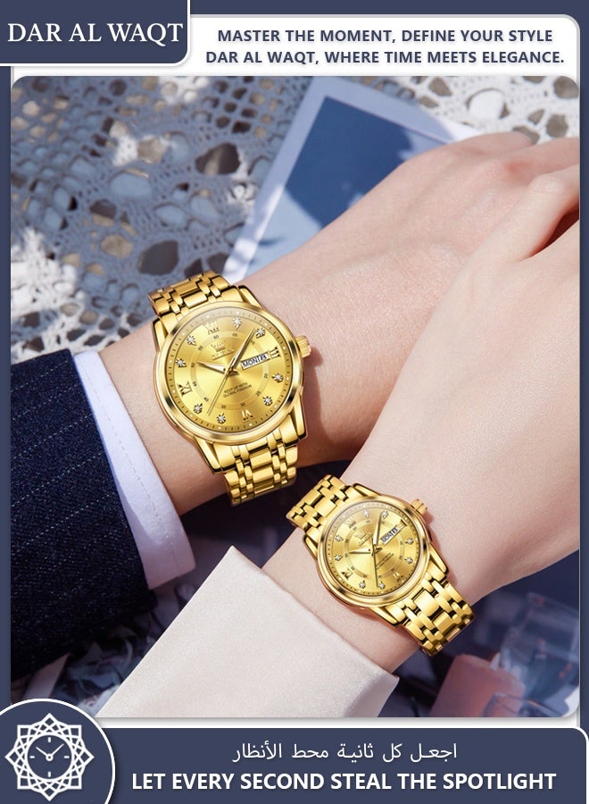 أوليفز ساعة OLEVS العملية للزوجين كوارتز سوار فولاذي ذهبي مضيء مقاوم للماء تقويم مزدوج - Image 4