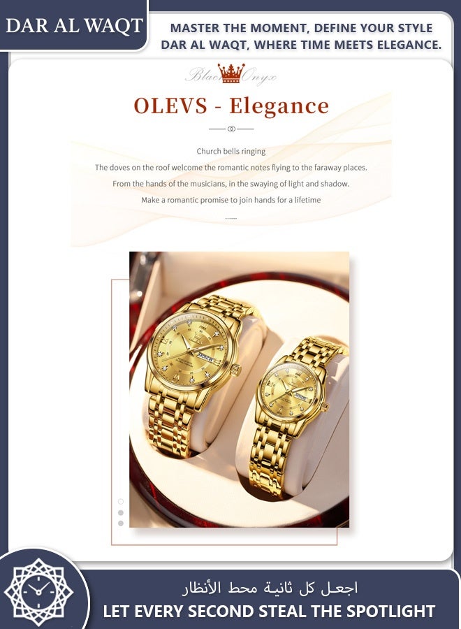 أوليفز ساعة OLEVS العملية للزوجين كوارتز سوار فولاذي ذهبي مضيء مقاوم للماء تقويم مزدوج - Image 3