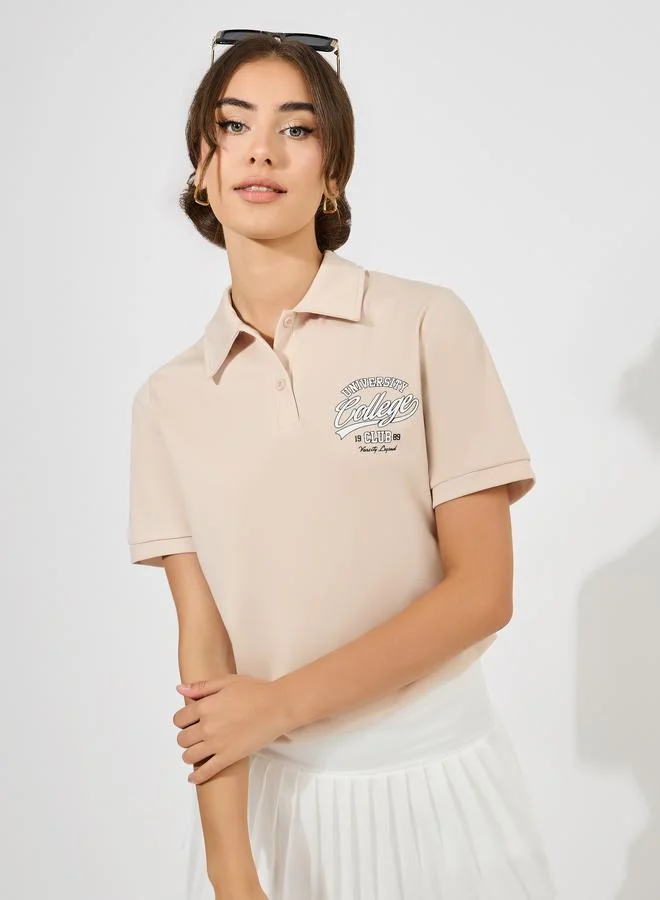 Styli Styli Regular Fit Varsity Print Polo T-Shirt with Half Placket