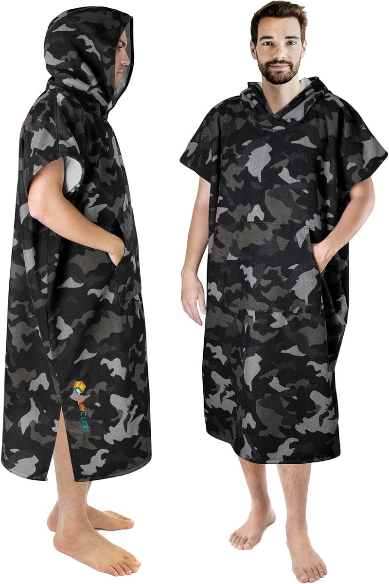Suncube SUN CUBE Surf Poncho Changing Robe with Hood | Absorbent Quick Dry Microfiber Wetsuit Changing Towel with Pocket for Surfing Men Women, Camo Black, One size - Image 1