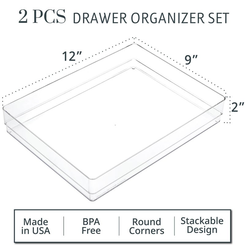 STORi SimpleSort 2-Piece Stackable Clear Drawer Organizer Set | 12" x 9" x 2" Rectangle Trays | Wide Makeup Vanity Storage Bins and Office Desk Drawer Dividers | Made in USA - Image 2