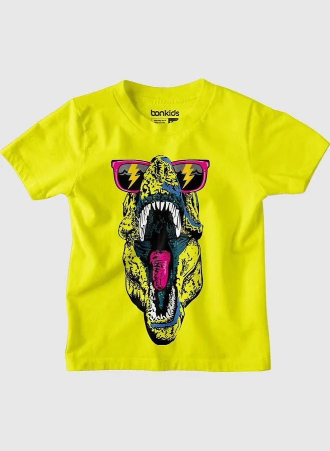 Bonkids Regular Printed Fluorescent And Green Cotton T-Shirt For Boys Round Neck Flat Pull On 100 % Cotton