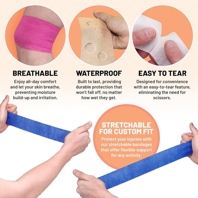 MEDca 6 Pack Self Adherent Cohesive Tape 1 2 3 x 5 Yards Combo Pack Self Adhesive Bandage Rolls Sports Athletic Wrap for Ankle Wrist Sprains and Swelling Vet Wraps in Neon Colors FDA Approved - Image 5