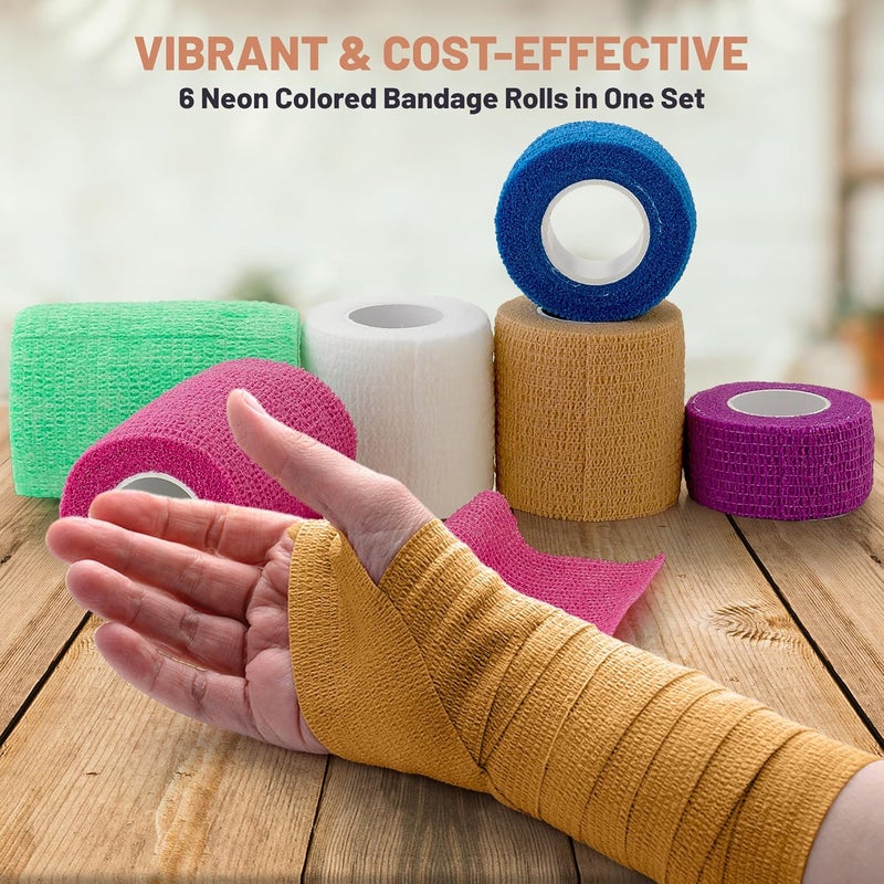 MEDca 6 Pack Self Adherent Cohesive Tape 1 2 3 x 5 Yards Combo Pack Self Adhesive Bandage Rolls Sports Athletic Wrap for Ankle Wrist Sprains and Swelling Vet Wraps in Neon Colors FDA Approved - Image 3