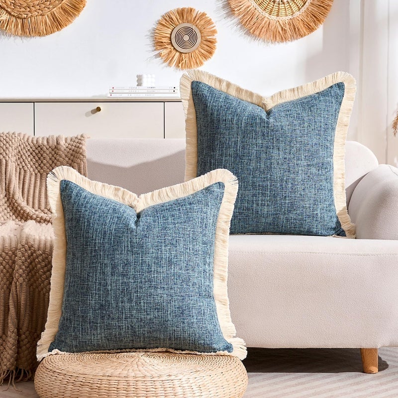 KWLET Couch Pillow Covers 20x20 Faux Linen Decorative Blue Farmhouse Throw Pillow Cover Boho with Tassels Fringed Rustic Woven Textured Burlap Cushion Cases for Couch Sofa Bed Living Home Decor Set of 2 - Image 3