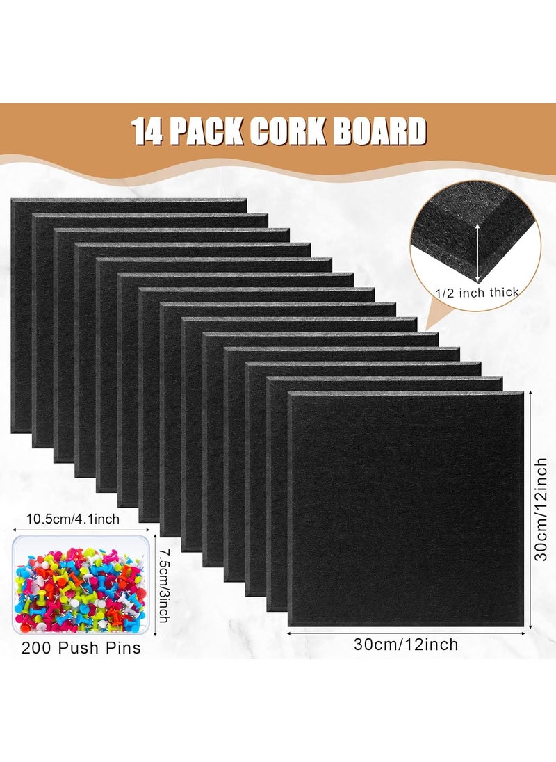 Reginary Reginary 14 Pack Felt Cork Board for Wall 83 x 24 x 12 Thick Cork Bulletin Board Self Adhesive Felt Tiles with 200 Push Pins Each Square Corkboard 12 x 12 for Office Classroom Home Decoration  - Image 2