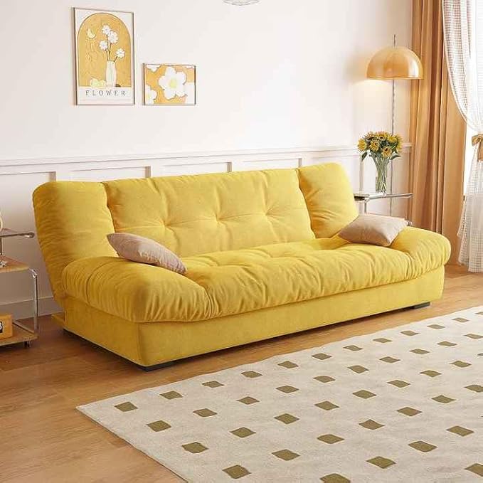 Poppins Home Modern 3-Seater Convertible Sofabed – Ultra Soft Tufted High Density Foam, Minimalist Scandinavian Style for Bedroom or Hotel Space Saving Folding Living Room Furniture (Yellow) - Image 1