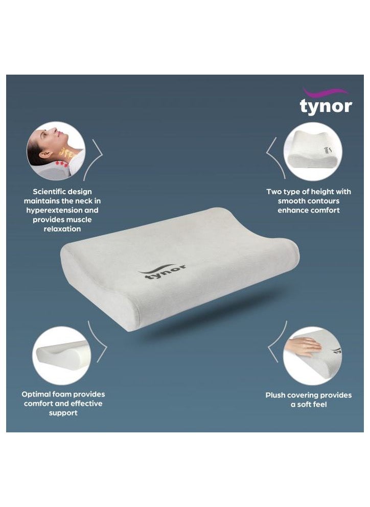 CONTOURED CERVICAL PILLOW designed to support the cervical spine in neutral position during sleep. Contoured Cervical Pillow keeps the neck in slightly hyperextension position while sleeping