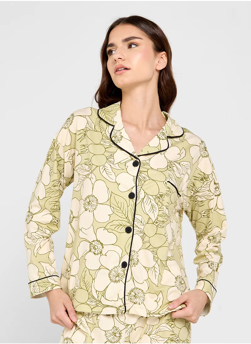 Ginger Floral Print Button Up Shirt & Pyjama Set