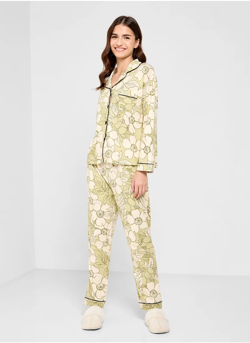 Ginger Floral Print Button Up Shirt & Pyjama Set