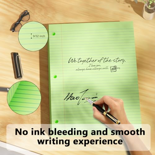 AILZFEI Green Loose Leaf Paper 100 Sheets Colored Filler Paper 8 * 10.5 College Ruled 3-Hole Punched for 3-Ring Binders Notebook Lined 8" x 10.5" - Image 4