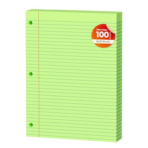 AILZFEI Green Loose Leaf Paper 100 Sheets Colored Filler Paper 8 * 10.5 College Ruled 3-Hole Punched for 3-Ring Binders Notebook Lined 8" x 10.5" - Image 1