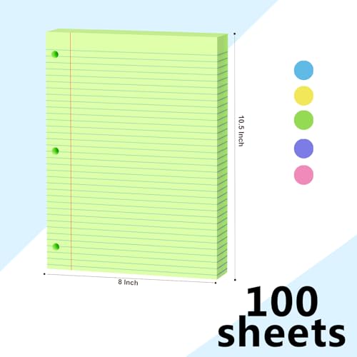AILZFEI Green Loose Leaf Paper 100 Sheets Colored Filler Paper 8 * 10.5 College Ruled 3-Hole Punched for 3-Ring Binders Notebook Lined 8" x 10.5" - Image 2